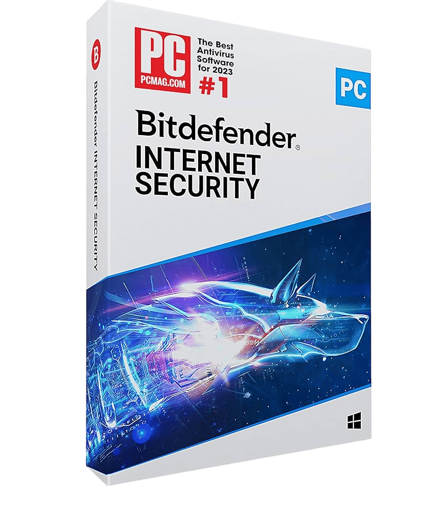 Verpackung von Bitdefender Internet Security 2023, ausgezeichnet als bestes Antivirenprogramm von PCMag.